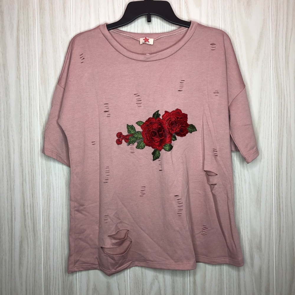 Red Star Rose Appliqué Ripped Mauve Distressed Top